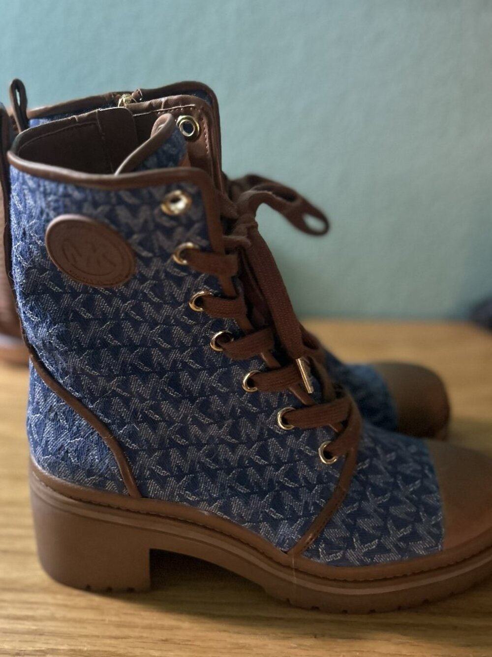 Michael Kors Corey Logo Denim & Brown Lace Up Combat Boot